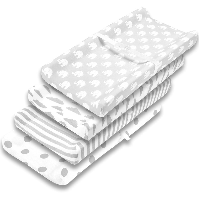 BaeBae Goods Changing Pad Cover - Premium Baby Changing Pad Covers 4 Pack - Boy or Girl Changing Pad Cover - Pure Jersey Knit Machine Washable Grey and White Changing Table Cover - Diaper Changing Pad Cover Sheets - Image 1